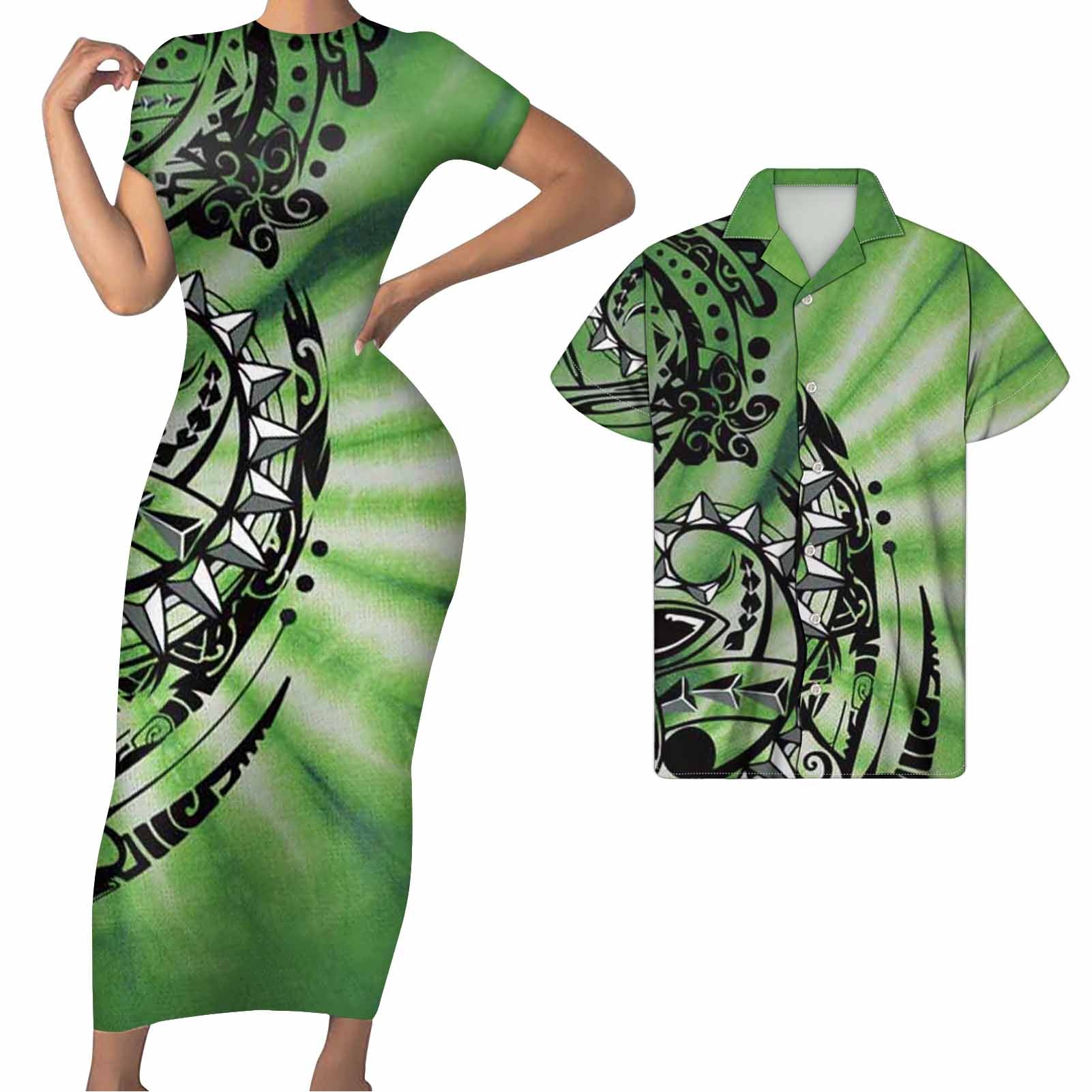 Polynesian Pride Matching Clothes For Couples Hawaii Flowers Tattoo Pattern Green Bodycon Dress And Hawaii Shirt - Polynesian Pride