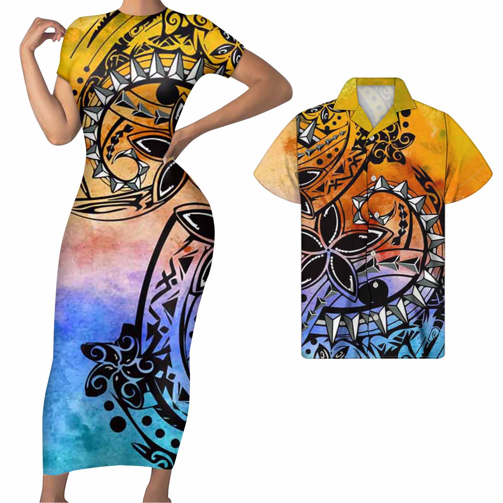 Polynesian Pride Hawaii Matching Outfit For Couples Hawaii Flowers Tattoo Pattern Bodycon Dress And Hawaii Shirt - Polynesian Pride