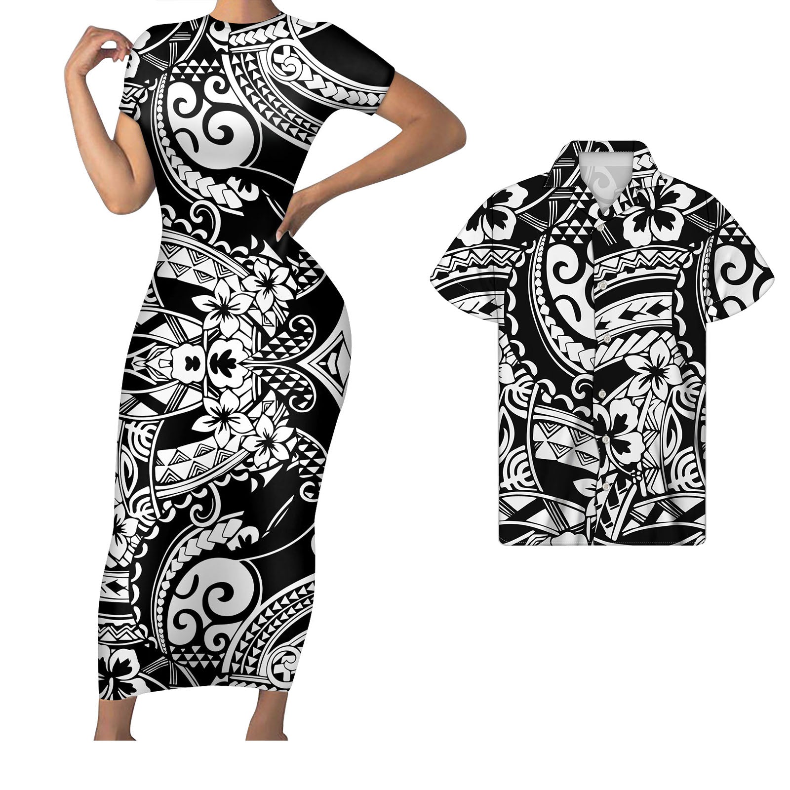 Polynesian Pride Black White Hawaii Matching Outfit For Couples Hawaii Hibiscus Plumeria Floral Bodycon Dress And Hawaii Shirt - Polynesian Pride