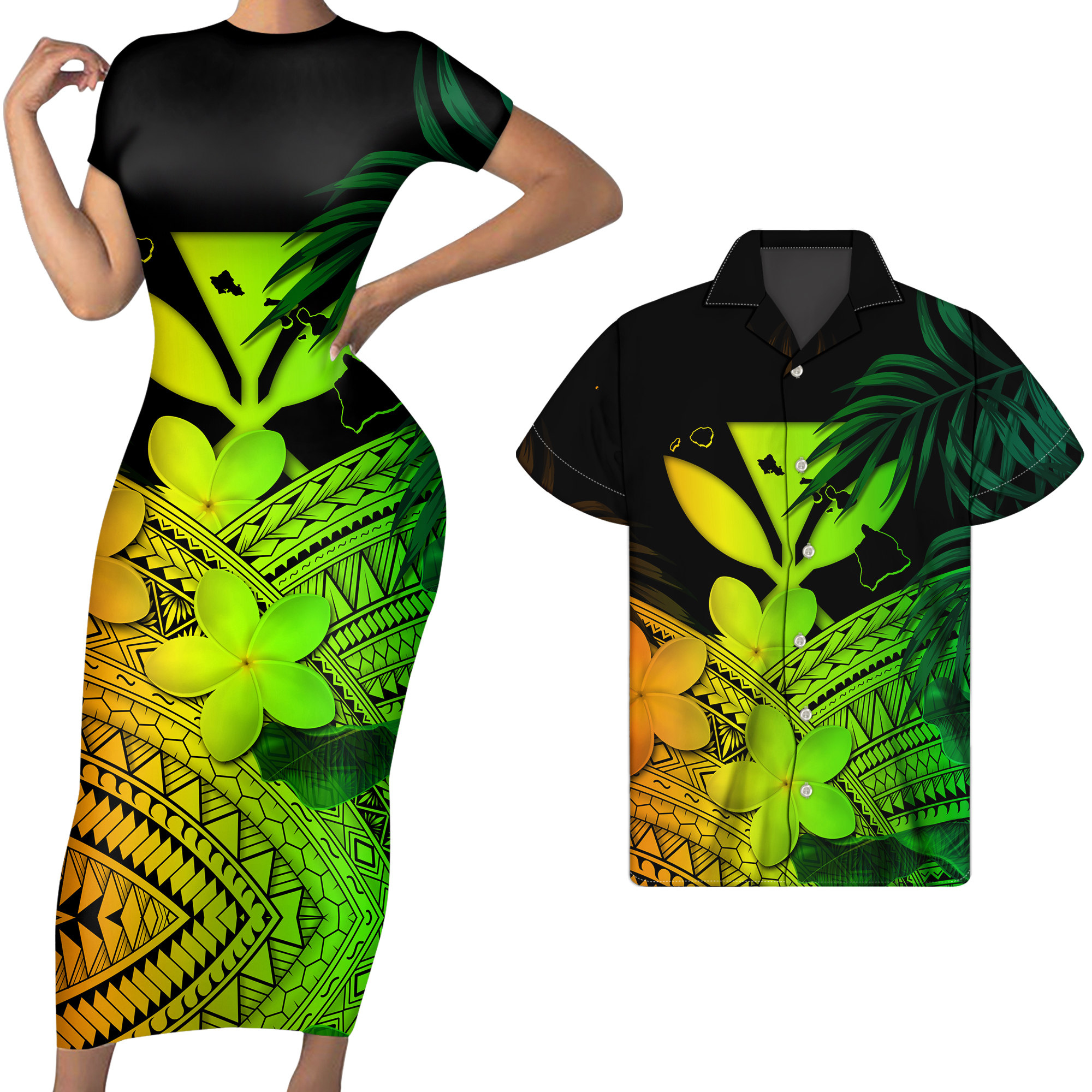 Polynesian Matching Clothes For Couples Kanaka Maoli Hawaii Plumeria Flowers Green Bodycon Dress And Hawaii Shirt - Polynesian Pride