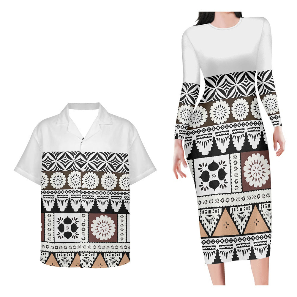 Polynesian Pride Hawaii Matching Outfit For Couples Polynesian Tribal Pattern White Long Sleeve Bodycon Dress And Hawaii Shirt - Polynesian Pride