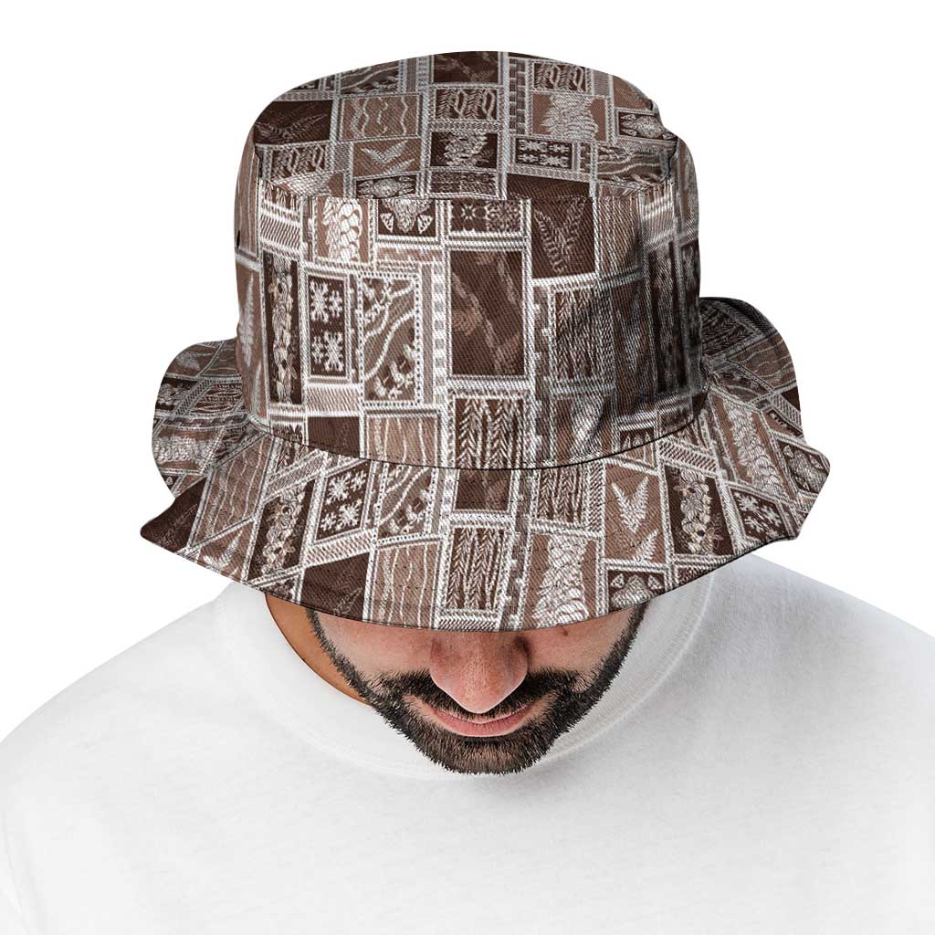 Vintage Aloha Block Quilt Bucket Hat Beige Inspired Lei Motifs - Polynesian Pride