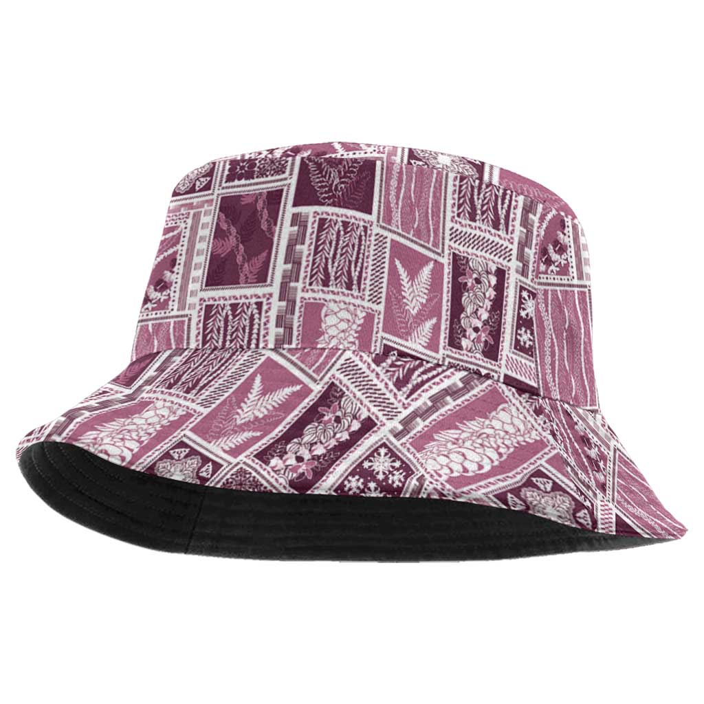 Vintage Aloha Block Quilt Bucket Hat Pink Inspired Lei Motifs - Polynesian Pride
