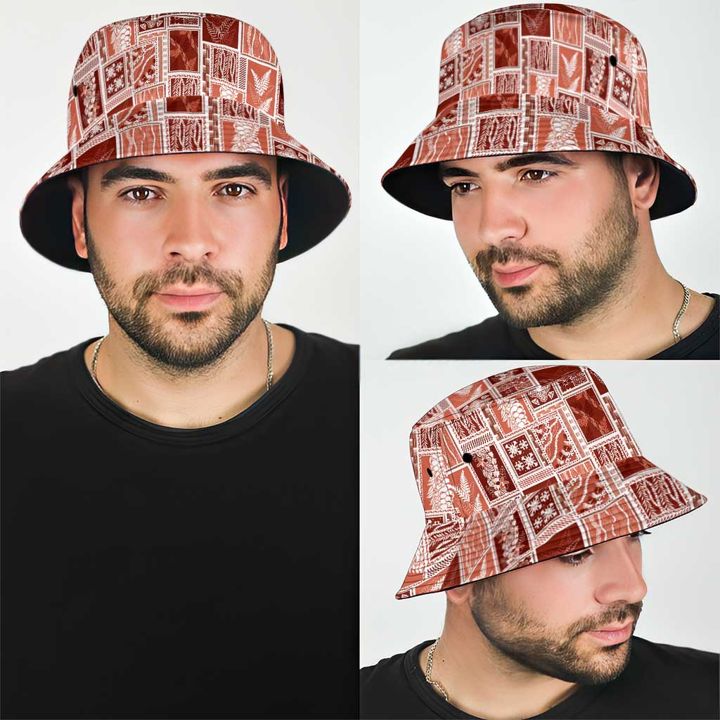 Vintage Aloha Block Quilt Bucket Hat Red Inspired Lei Motifs - Polynesian Pride