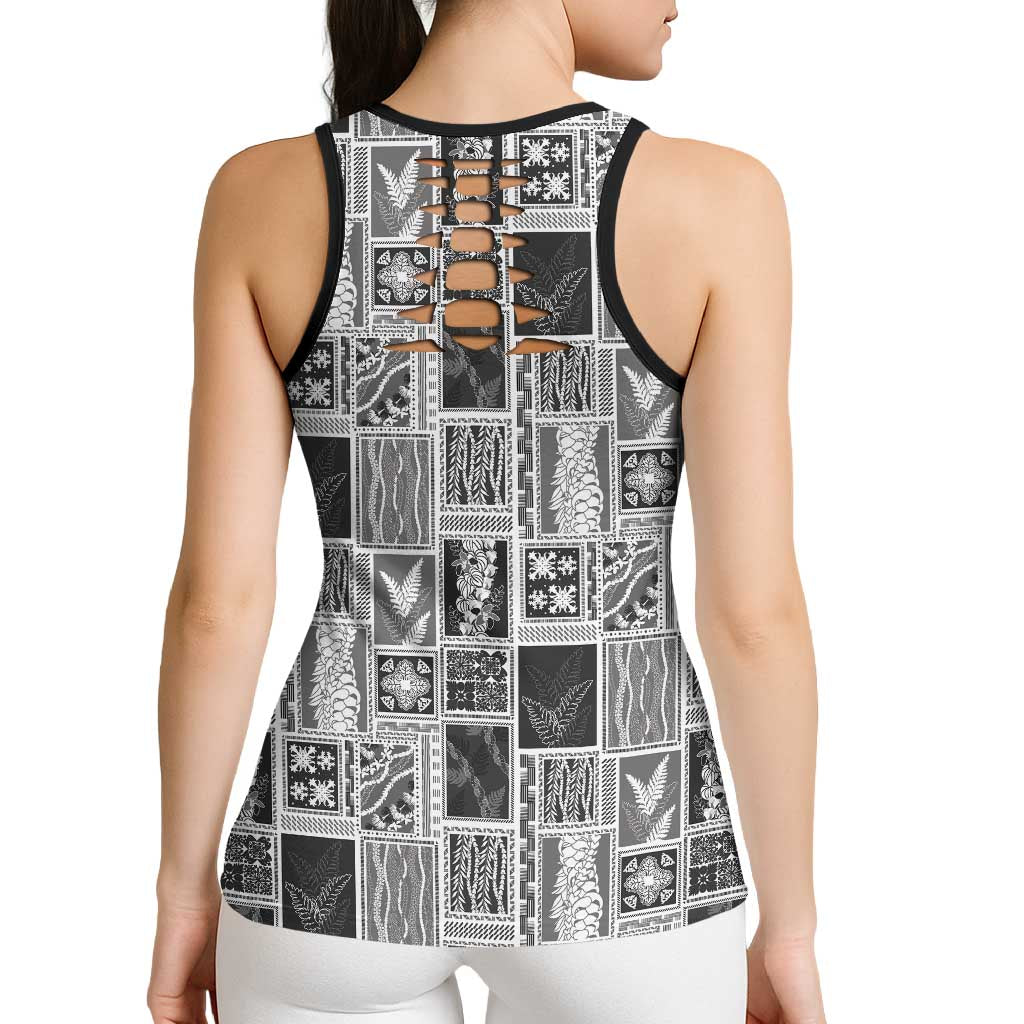 Vintage Aloha Block Quilt Hollow Tank Top Black Inspired Lei Motifs - Polynesian Pride