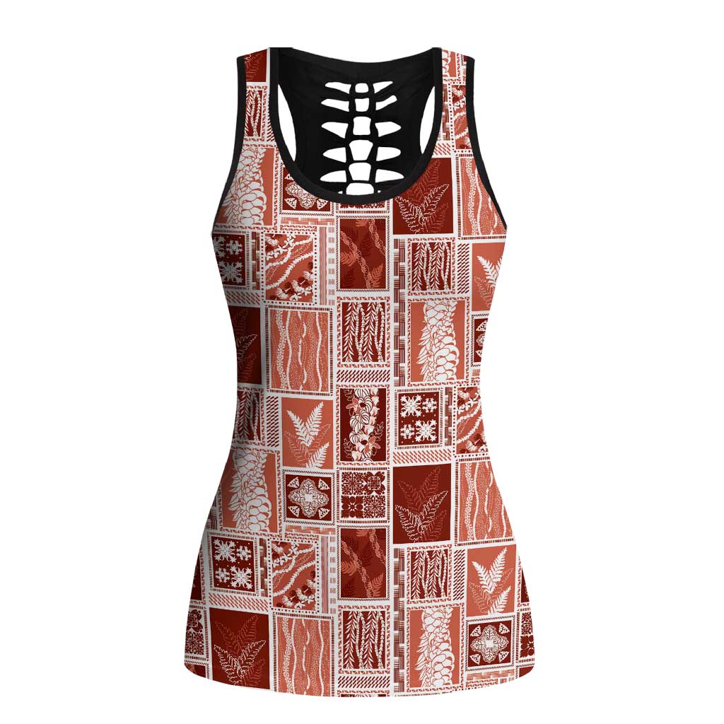 Vintage Aloha Block Quilt Hollow Tank Top Red Inspired Lei Motifs - Polynesian Pride