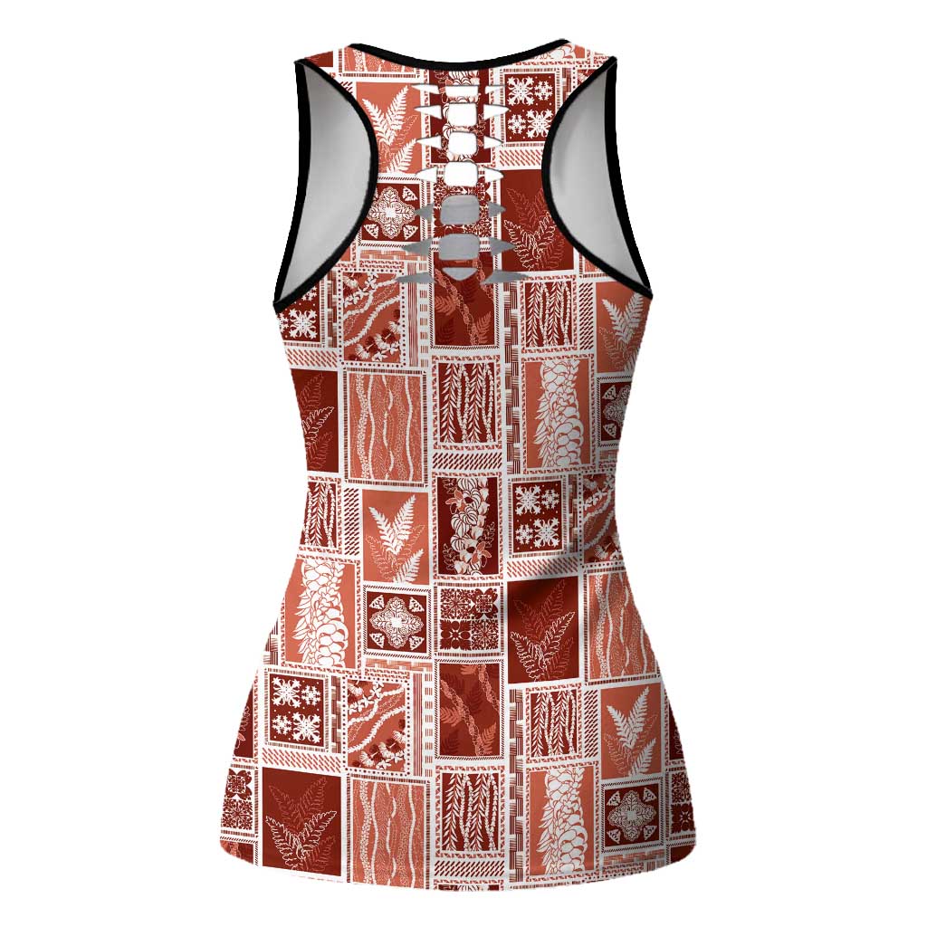 Vintage Aloha Block Quilt Hollow Tank Top Red Inspired Lei Motifs - Polynesian Pride