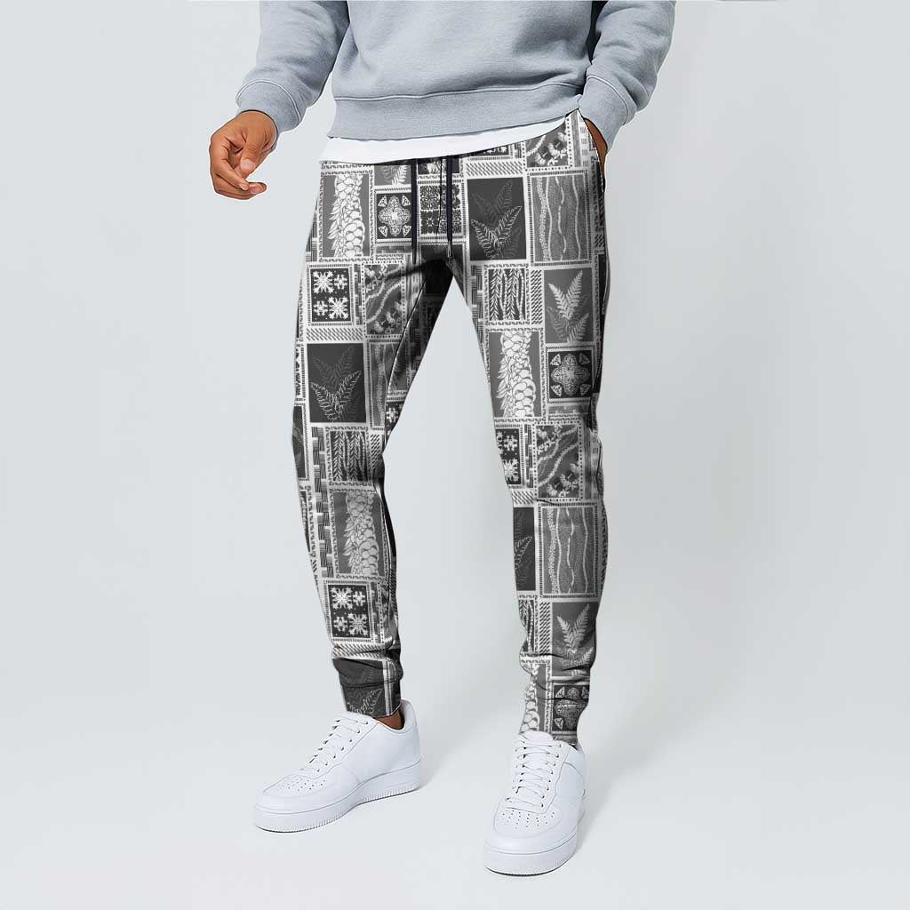 Vintage Aloha Block Quilt Jogger Pants Black Inspired Lei Motifs - Polynesian Pride