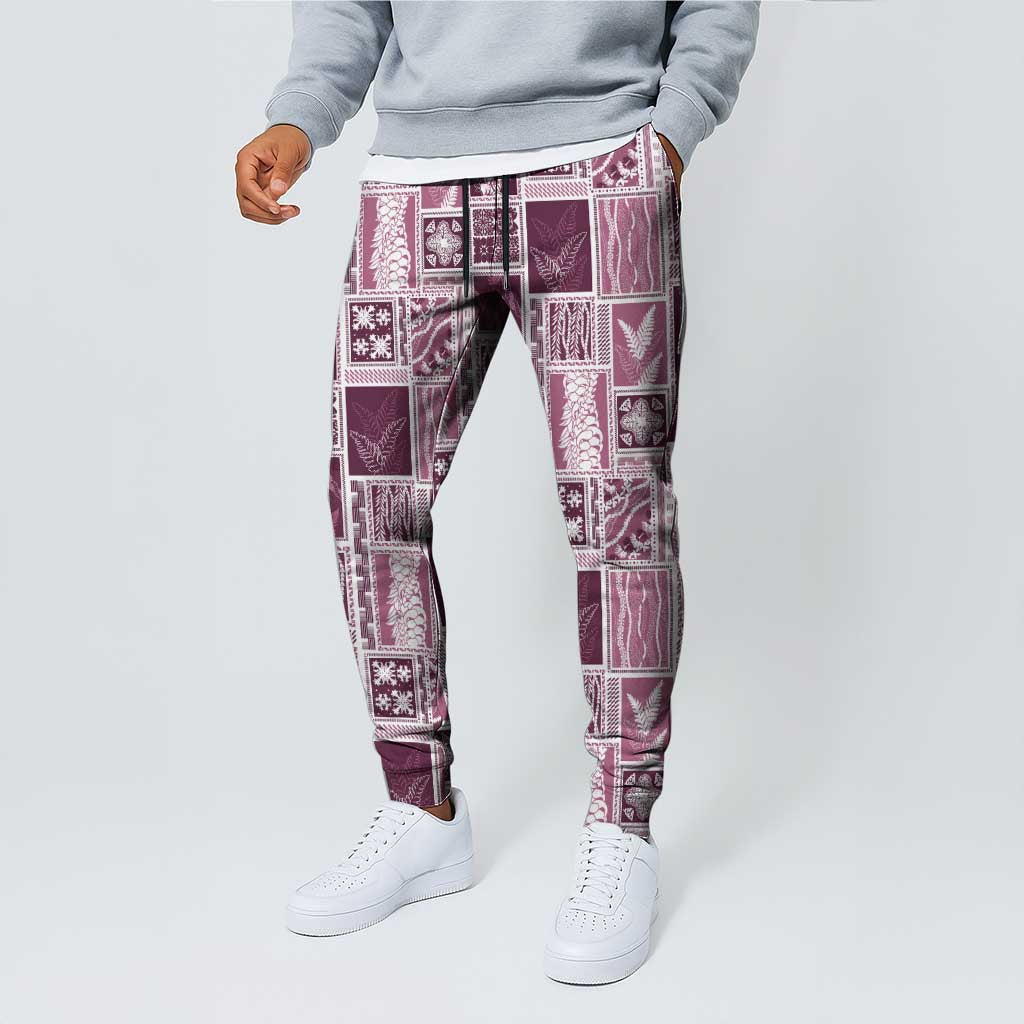 Vintage Aloha Block Quilt Jogger Pants Pink Inspired Lei Motifs - Polynesian Pride