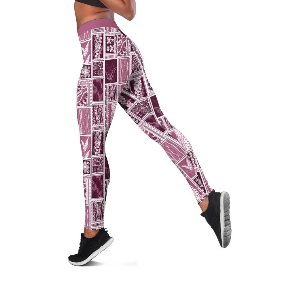 Vintage Aloha Block Quilt Leggings Pink Inspired Lei Motifs - Polynesian Pride
