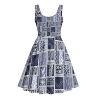 Vintage Aloha Block Quilt Midi Dress Blue Inspired Lei Motifs - Polynesian Pride