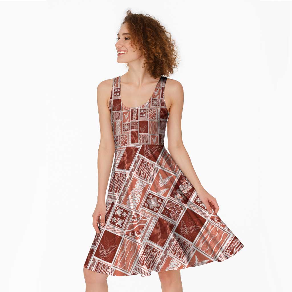 Vintage Aloha Block Quilt Midi Dress Red Inspired Lei Motifs - Polynesian Pride