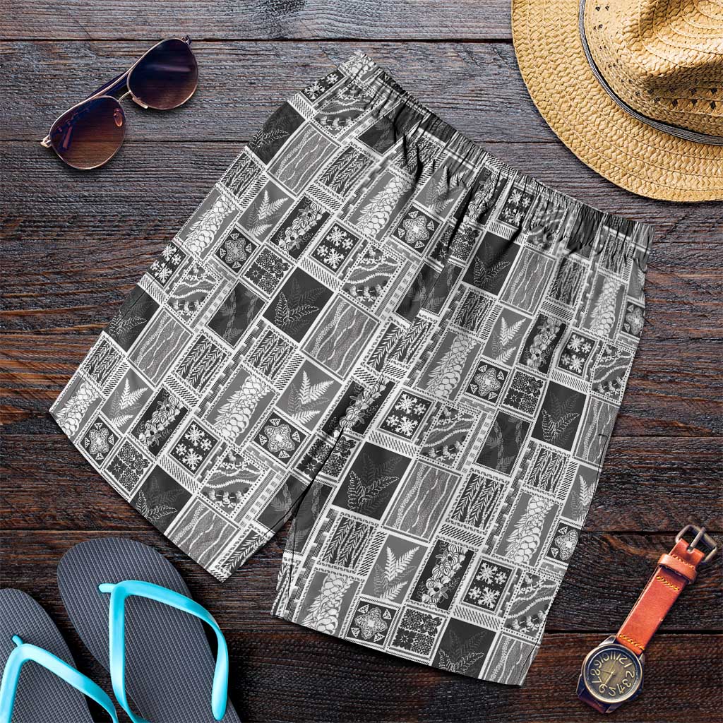 Vintage Aloha Block Quilt Shorts for Men Black Inspired Lei Motifs - Polynesian Pride