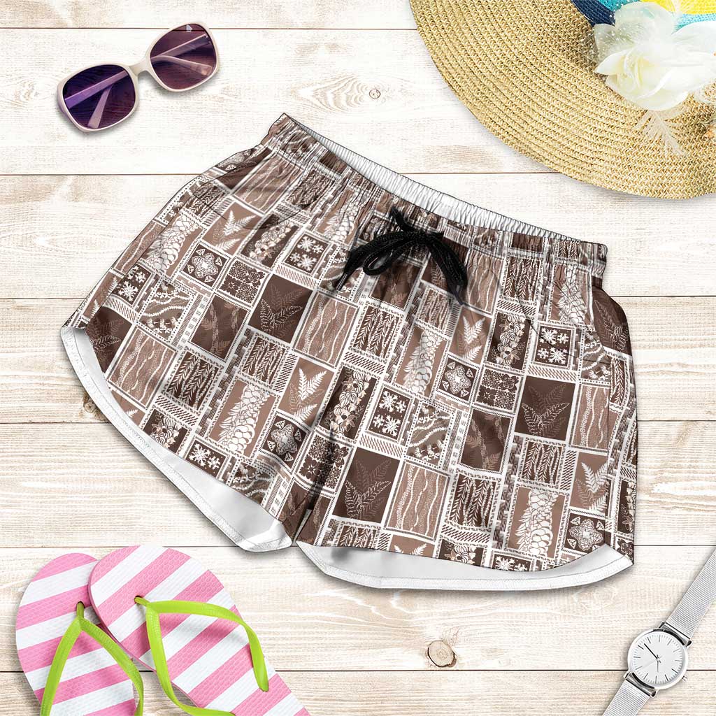 Vintage Aloha Block Quilt Shorts for Women Beige Inspired Lei Motifs LT9 Beige - Polynesian Pride