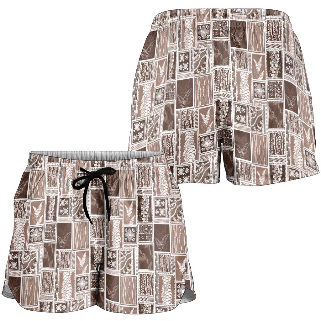 Vintage Aloha Block Quilt Shorts for Women Beige Inspired Lei Motifs LT9 - Polynesian Pride