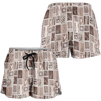 Vintage Aloha Block Quilt Shorts for Women Beige Inspired Lei Motifs LT9 - Polynesian Pride