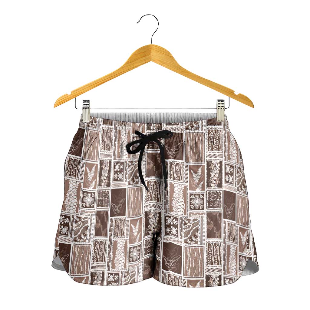 Vintage Aloha Block Quilt Shorts for Women Beige Inspired Lei Motifs LT9 - Polynesian Pride