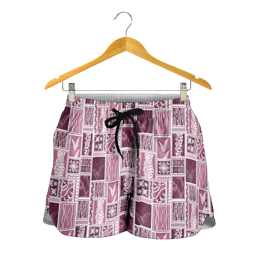 Vintage Aloha Block Quilt Shorts for Women Pink Inspired Lei Motifs LT9 - Polynesian Pride
