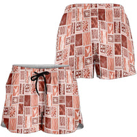 Vintage Aloha Block Quilt Shorts for Women Red Inspired Lei Motifs - Polynesian Pride