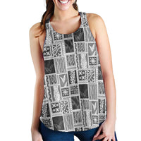 Vintage Aloha Block Quilt Women Racerback Tank Black Inspired Lei Motifs - Polynesian Pride