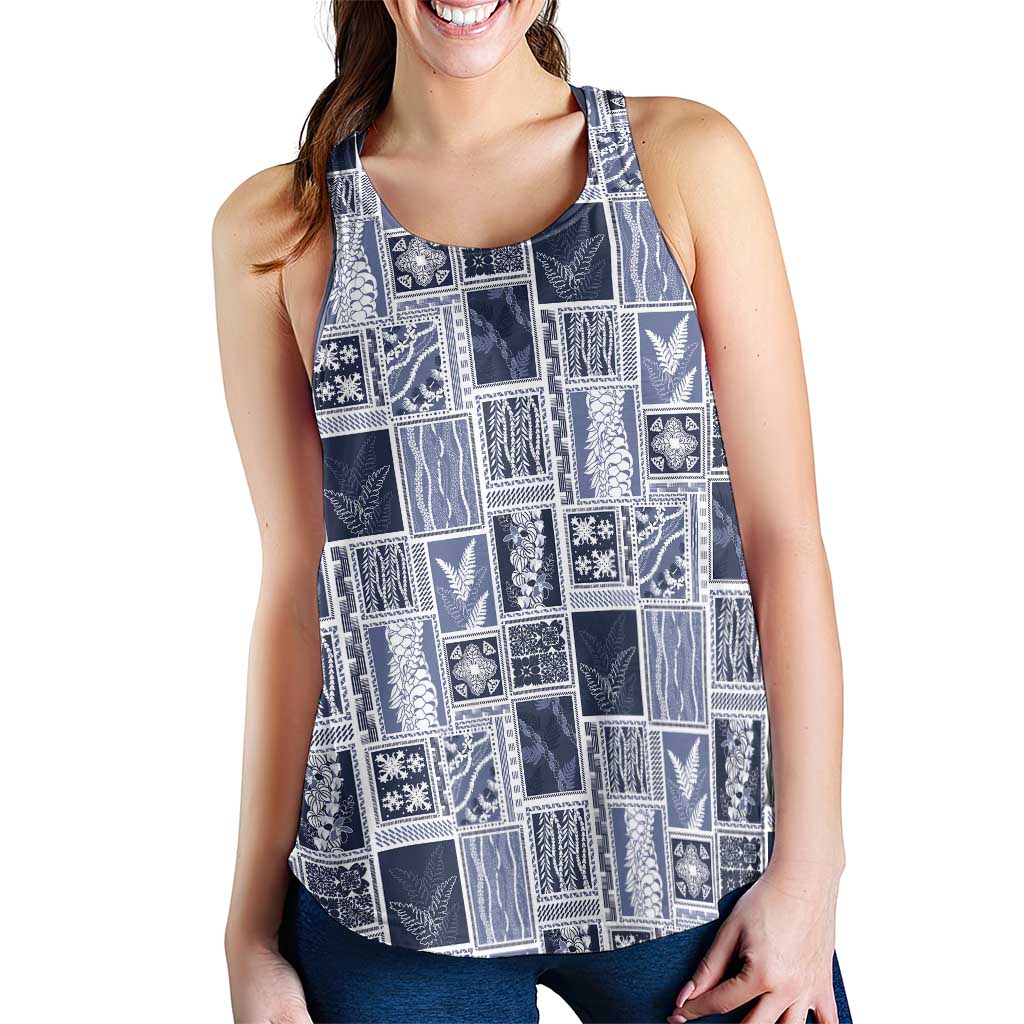 Vintage Aloha Block Quilt Women Racerback Tank Blue Inspired Lei Motifs - Polynesian Pride