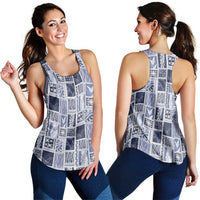 Vintage Aloha Block Quilt Women Racerback Tank Blue Inspired Lei Motifs - Polynesian Pride