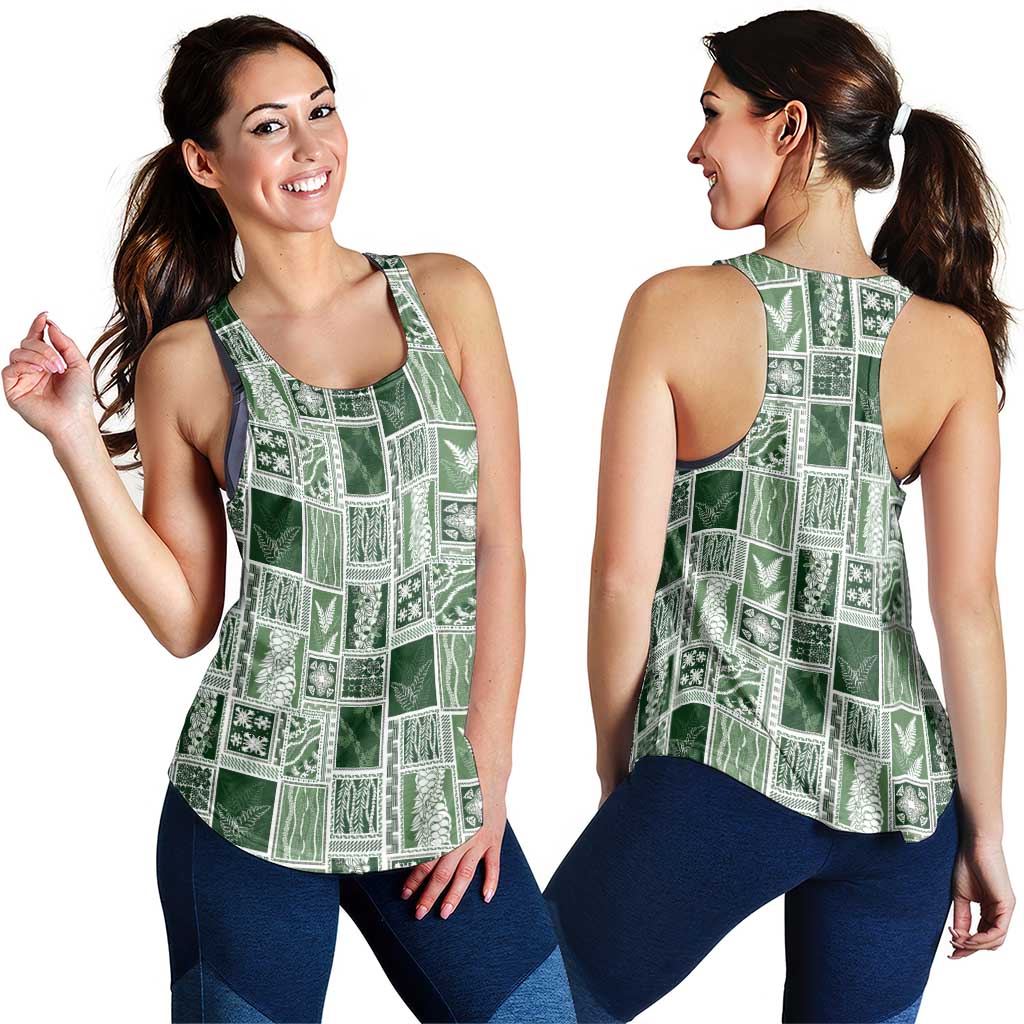 Vintage Aloha Block Quilt Women Racerback Tank Green Inspired Lei Motifs - Polynesian Pride