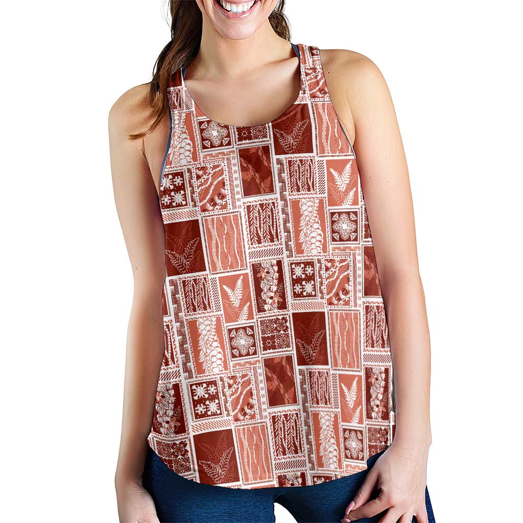 Vintage Aloha Block Quilt Women Racerback Tank Red Inspired Lei Motifs - Polynesian Pride
