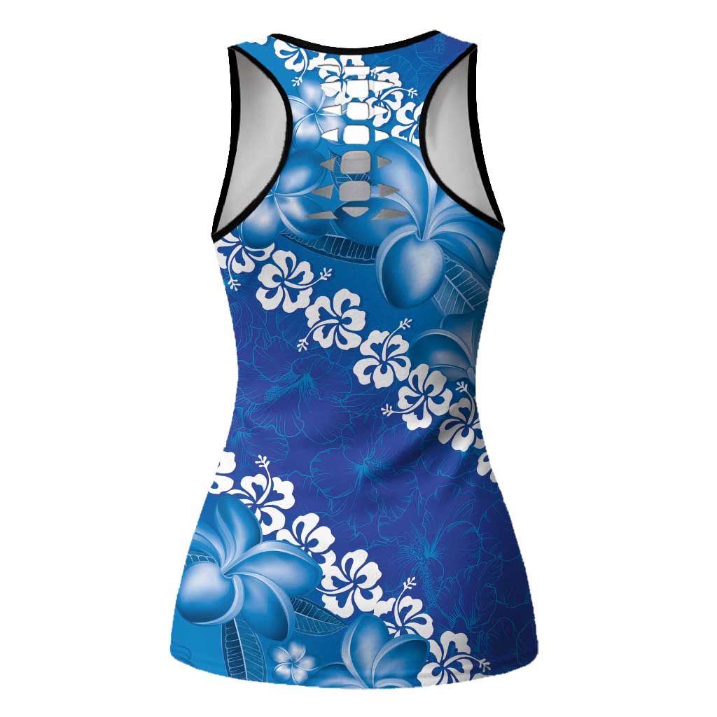 Vintage Blue Polynesia Hollow Tank Top Plumeria With Hibiscus Tropical Vibes - Polynesian Pride