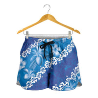 Vintage Blue Polynesia Shorts for Women Plumeria With Hibiscus Tropical Vibes - Polynesian Pride