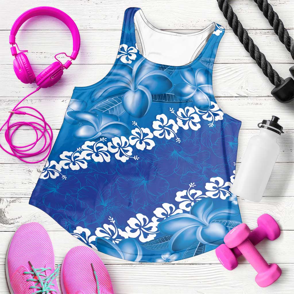 Vintage Blue Polynesia Women Racerback Tank Plumeria With Hibiscus Tropical Vibes LT14 Blue - Polynesian Pride