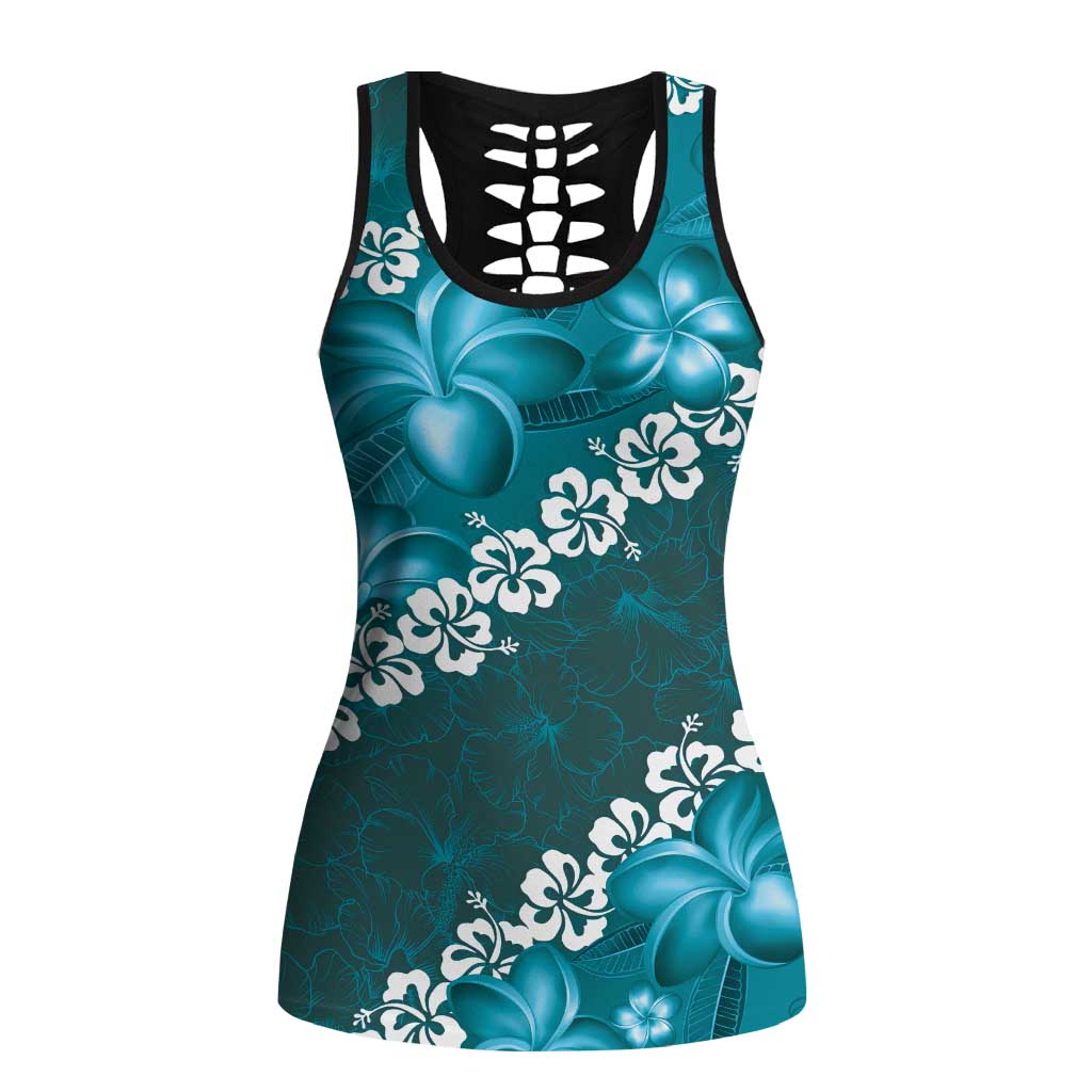 Vintage Dark Cyan Polynesia Hollow Tank Top Plumeria With Hibiscus Tropical Vibes LT14 Female Dark Cyan - Polynesian Pride