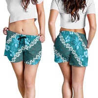 Vintage Dark Cyan Polynesia Shorts for Women Plumeria With Hibiscus Tropical Vibes - Polynesian Pride