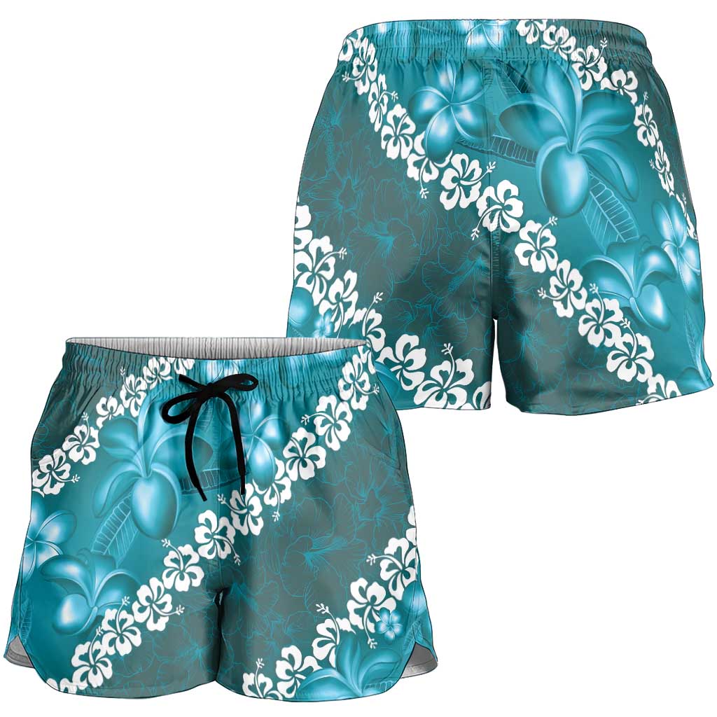 Vintage Dark Cyan Polynesia Shorts for Women Plumeria With Hibiscus Tropical Vibes - Polynesian Pride