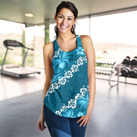 Vintage Dark Cyan Polynesia Women Racerback Tank Plumeria With Hibiscus Tropical Vibes - Polynesian Pride