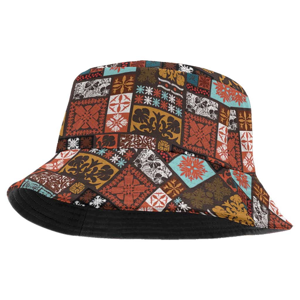 Vintage Hawaiian Quilting Patterns Bucket Hat Brown Style Tribal Fabric Patchwork - Polynesian Pride