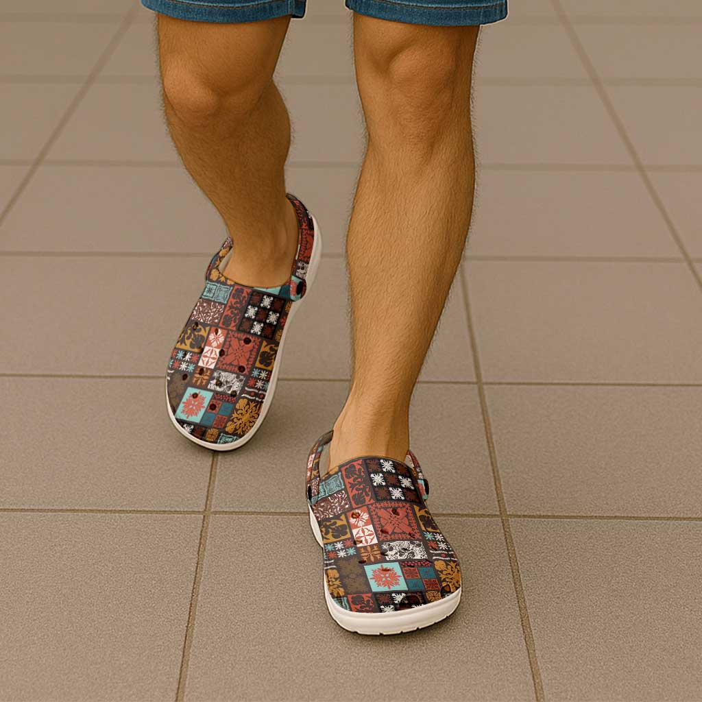 Vintage Hawaiian Quilting Patterns Clogs Shoes Brown Style Tribal Fabric Patchwork - Polynesian Pride