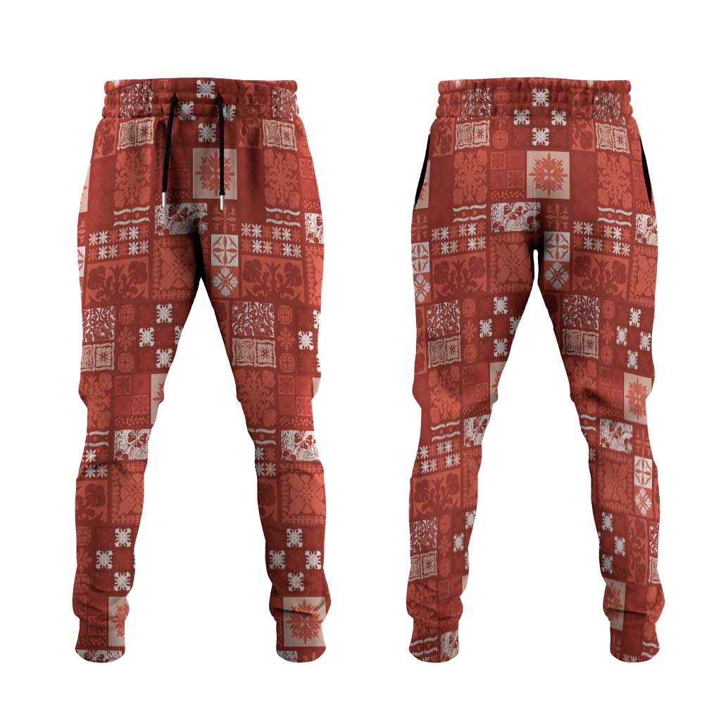 Vintage Hawaiian Quilting Patterns Jogger Pants Red Style Tribal Fabric Patchwork - Polynesian Pride