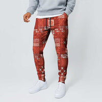 Vintage Hawaiian Quilting Patterns Jogger Pants Red Style Tribal Fabric Patchwork - Polynesian Pride