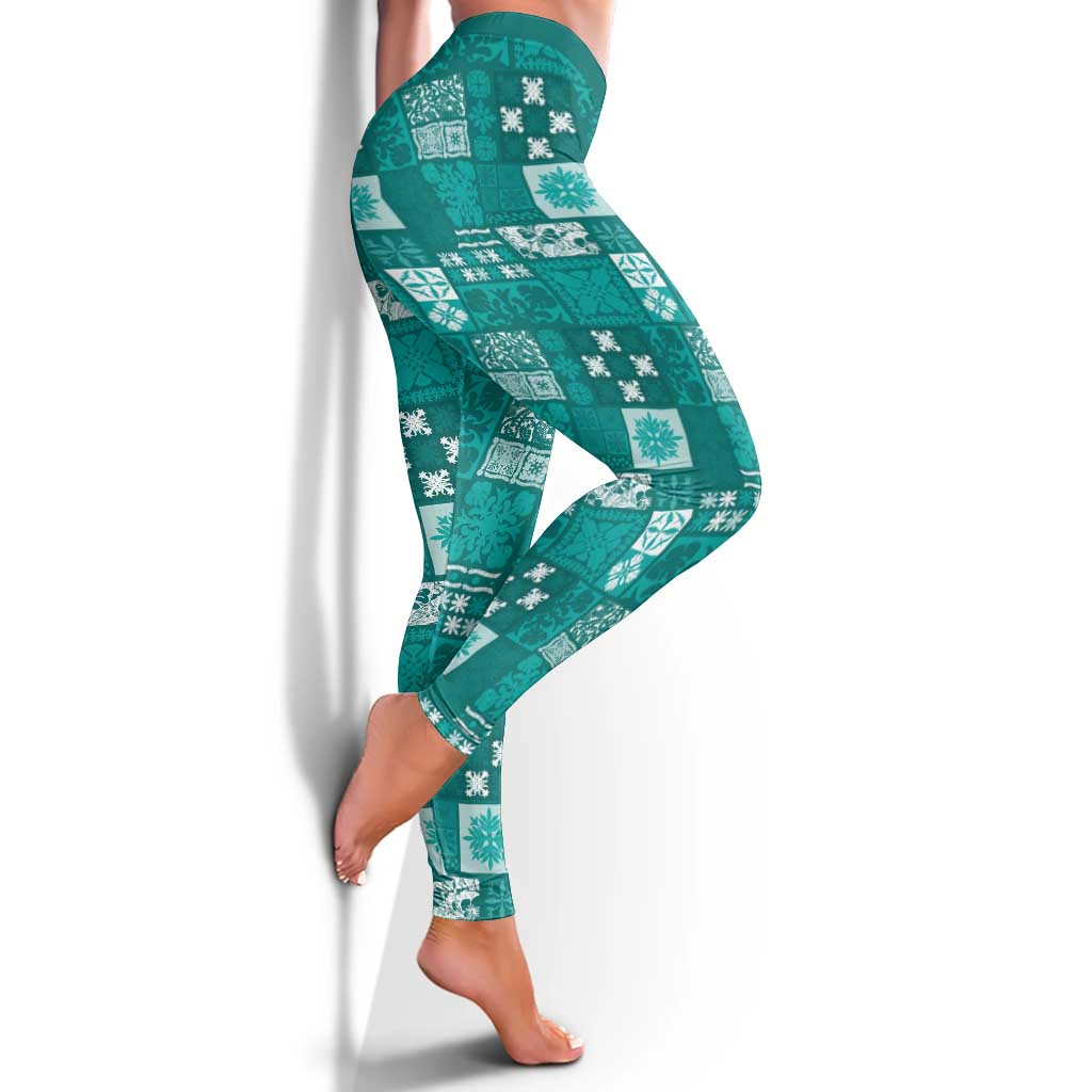 Vintage Hawaiian Quilting Patterns Leggings Turquoise Style Tribal Fabric Patchwork - Polynesian Pride