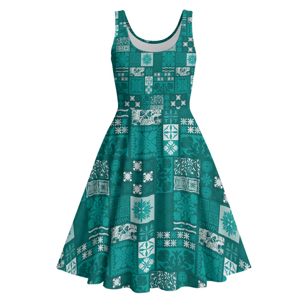 Vintage Hawaiian Quilting Patterns Midi Dress Turquoise Style Tribal Fabric Patchwork - Polynesian Pride