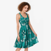 Vintage Hawaiian Quilting Patterns Midi Dress Turquoise Style Tribal Fabric Patchwork - Polynesian Pride