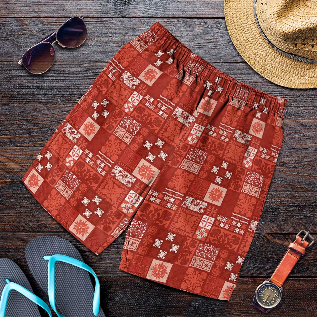 Vintage Hawaiian Quilting Patterns Shorts for Men Red Style Tribal Fabric Patchwork - Polynesian Pride