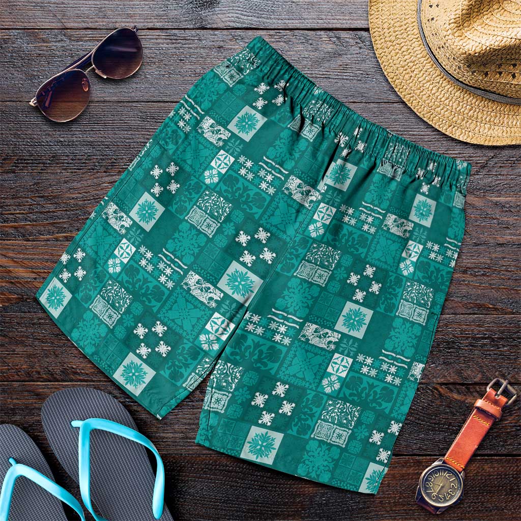 Vintage Hawaiian Quilting Patterns Shorts for Men Turquoise Style Tribal Fabric Patchwork - Polynesian Pride