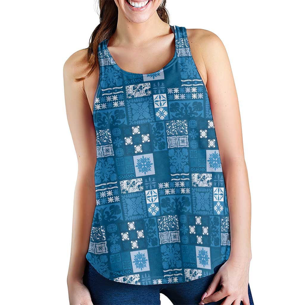 Vintage Hawaiian Quilting Patterns Women Racerback Tank Blue Style Tribal Fabric Patchwork - Polynesian Pride