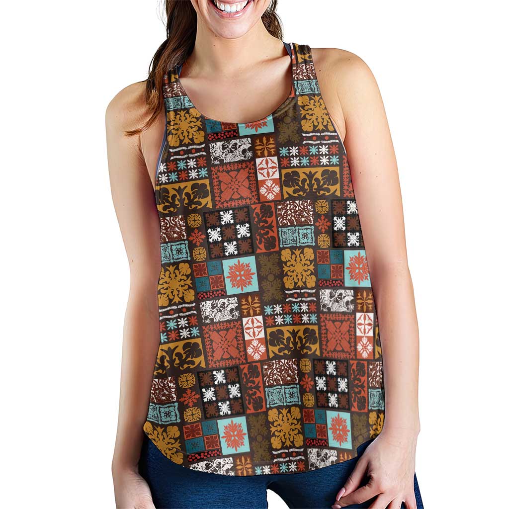 Vintage Hawaiian Quilting Patterns Women Racerback Tank Brown Style Tribal Fabric Patchwork - Polynesian Pride