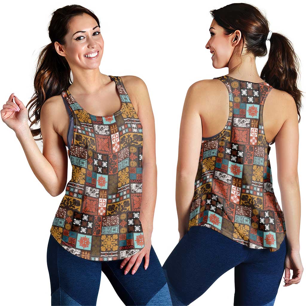 Vintage Hawaiian Quilting Patterns Women Racerback Tank Brown Style Tribal Fabric Patchwork - Polynesian Pride