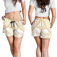 White and Gold Polynesia Shorts for Women Plumeria Tattoo With Polynesian Pattern - Polynesian Pride