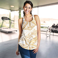 White and Gold Polynesia Women Racerback Tank Plumeria Tattoo With Polynesian Pattern - Polynesian Pride
