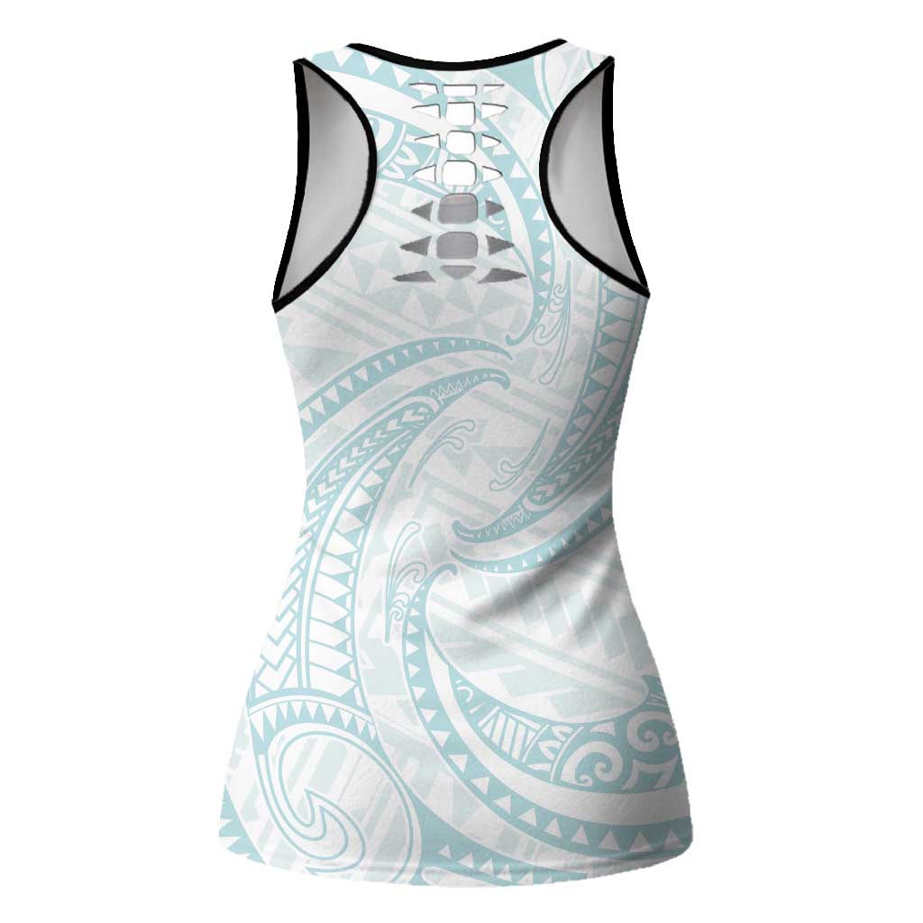 White Sunday Lotu Tamaiti Hollow Tank Top Polynesian Wave Pastel Cyan - Polynesian Pride